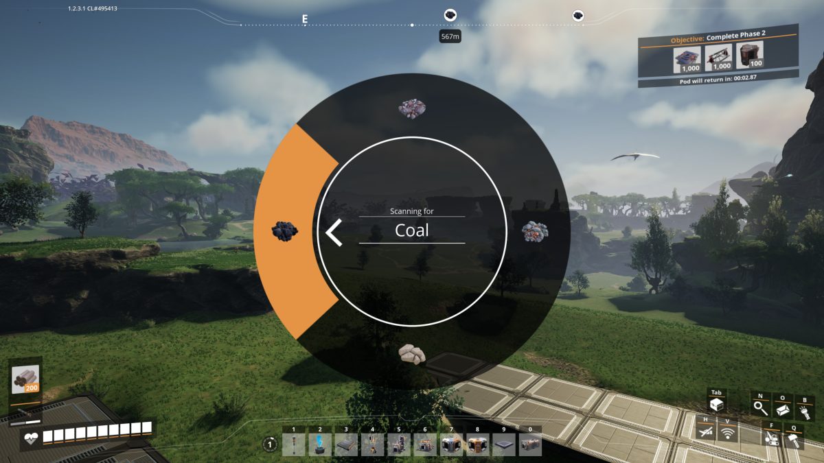 The Resource Scanner radial menu scanning for Coal in Satisfactory, nearest node 567m away
