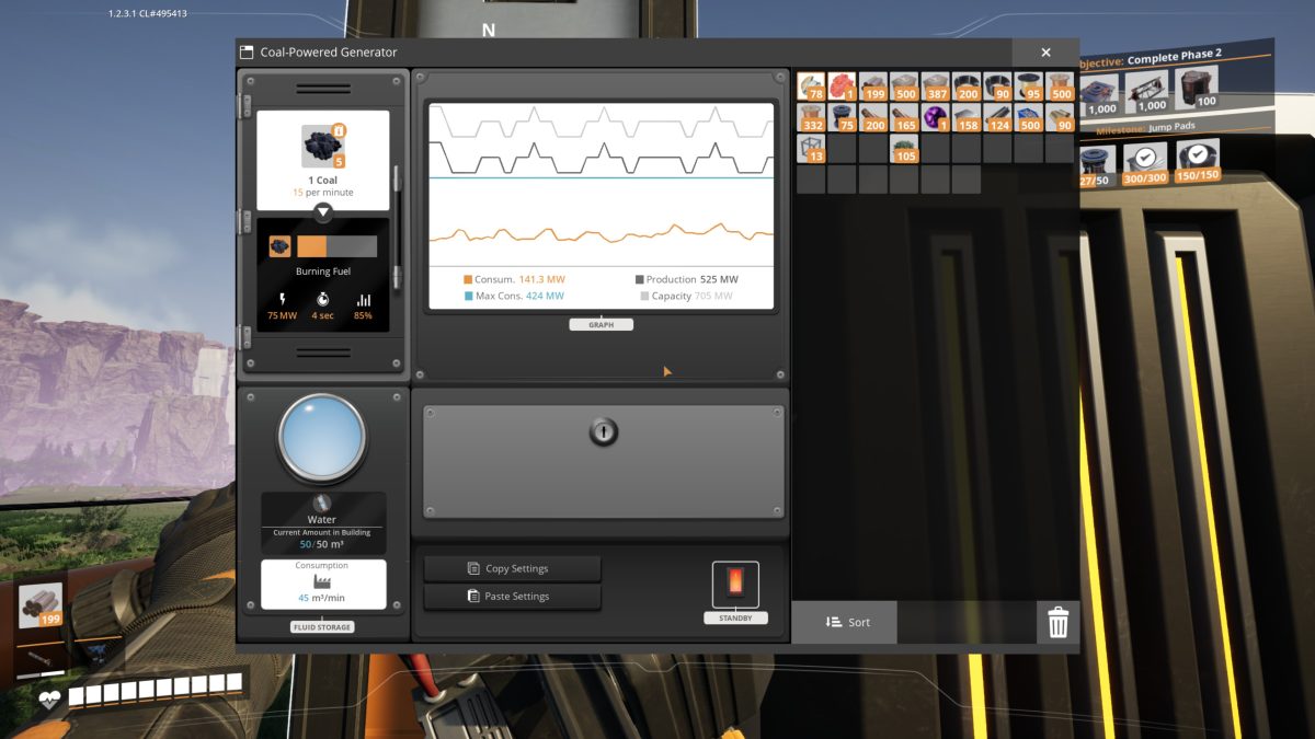 A running Coal-Powered Generator info panel in Satisfactory showing 75 MW output, coal and water consumption, and the power graph
