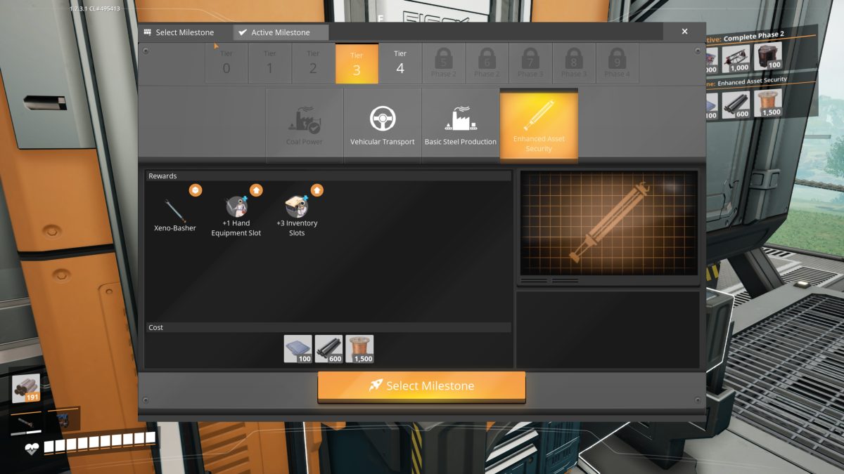 The Tier 3 Enhanced Asset Security milestone screen in Satisfactory, unlocking the Xeno-Basher, a hand equipment slot and inventory slots