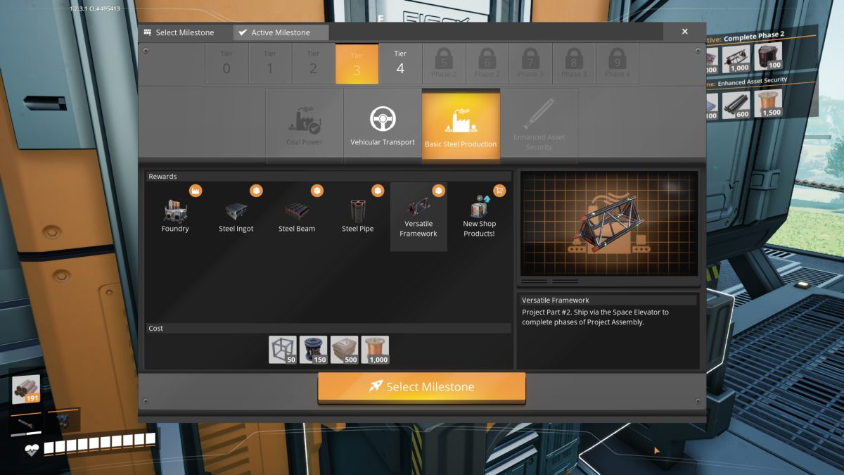 The Tier 3 Basic Steel Production milestone screen in Satisfactory, unlocking the Foundry, Steel Ingot, Steel Beam, Steel Pipe and Versatile Framework