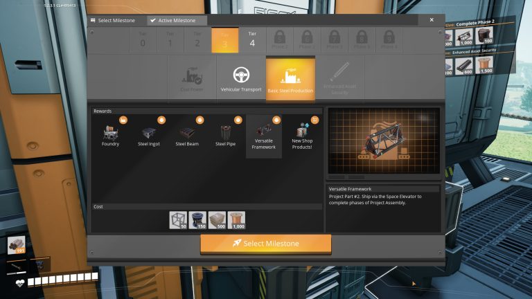The Tier 3 Basic Steel Production milestone screen in Satisfactory, unlocking the Foundry, Steel Ingot, Steel Beam, Steel Pipe and Versatile Framework