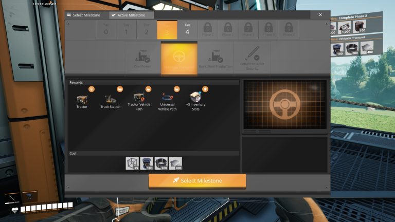 The Tier 3 Vehicular Transport milestone screen in Satisfactory, unlocking the Tractor, Truck Station and vehicle paths