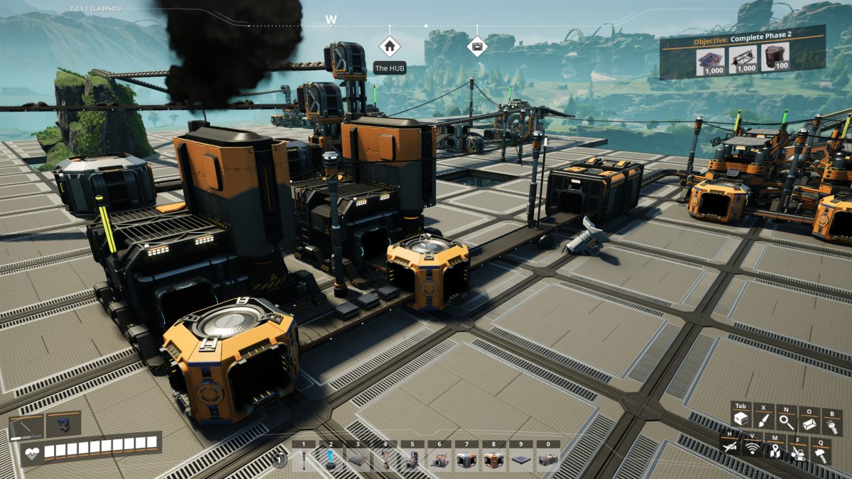 A wide view of a Satisfactory factory floor with machines, belts and storage built out on Tier 3 foundations