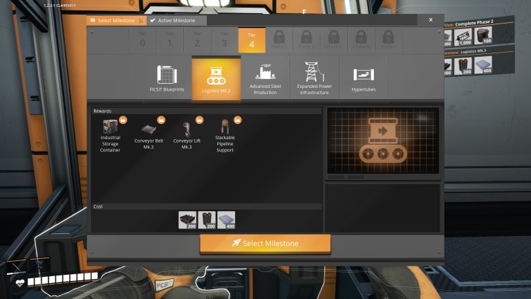 The Tier 4 Logistics Mk.3 milestone screen in Satisfactory, unlocking the Industrial Storage Container, Conveyor Belt Mk.3, Conveyor Lift Mk.3 and Stackable Pipeline Support