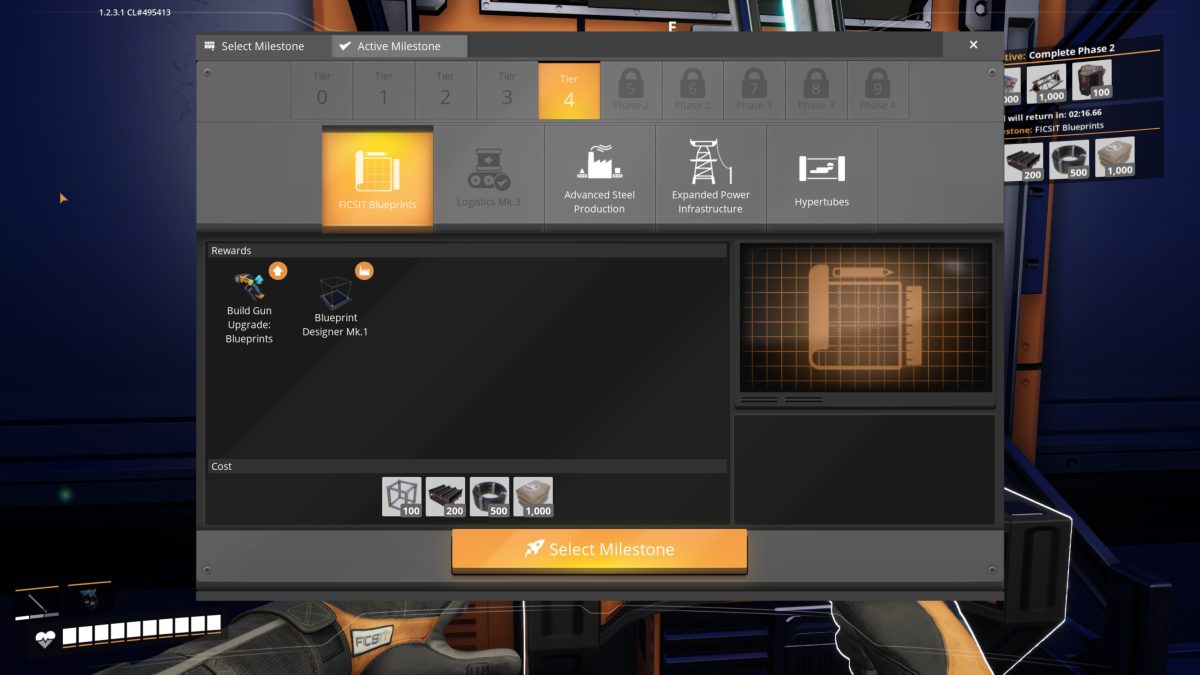 The Tier 4 FICSIT Blueprints milestone screen in Satisfactory, unlocking the Build Gun Upgrade Blueprints and Blueprint Designer Mk.1