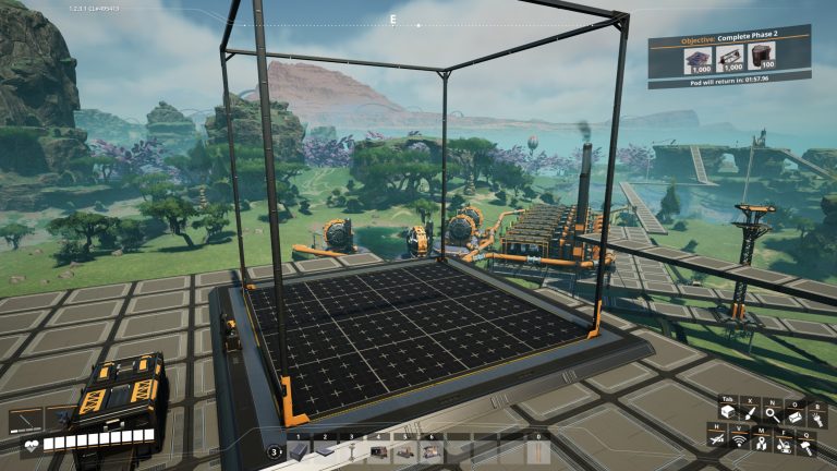 The Blueprint Designer Mk.1 built in Satisfactory, a large cube-frame build volume with a gridded foundation floor at the base