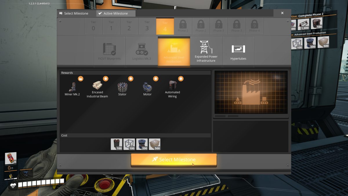 The Tier 4 Advanced Steel Production milestone screen in Satisfactory, unlocking Miner Mk.2, Encased Industrial Beam, Stator, Motor and Automated Wiring