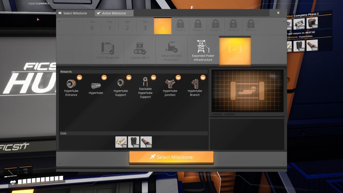 The Tier 4 Hypertubes milestone screen in Satisfactory, unlocking the Hypertube Entrance, Hypertube, Hypertube Support, Stackable Hypertube Support, Hypertube Junction and Hypertube Branch