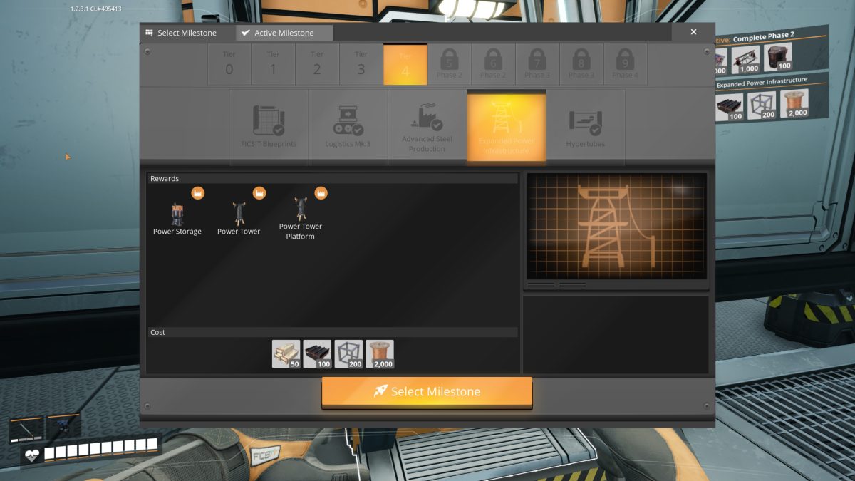 The Tier 4 Expanded Power Infrastructure milestone screen in Satisfactory, unlocking Power Storage, the Power Tower and the Power Tower Platform