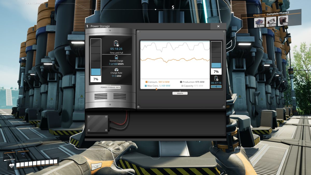 The Power Storage building panel in Satisfactory showing 7.2 of 100 MWh stored at 7 percent, 17.5 MW charge rate, and a grid graph reading 975 MW production against a 1,169 MW consumption spike