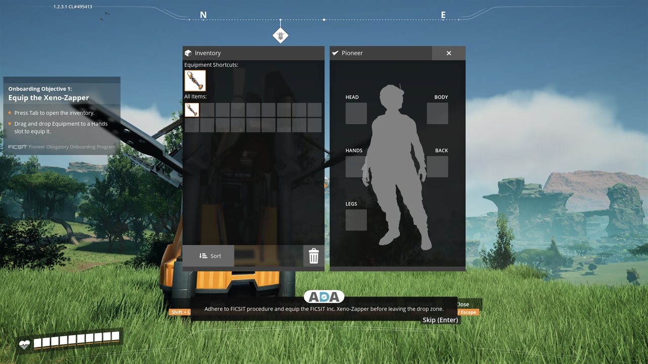 Satisfactory inventory open with the Xeno-Zapper, Onboarding Objective 1 to equip it to the Hands slot