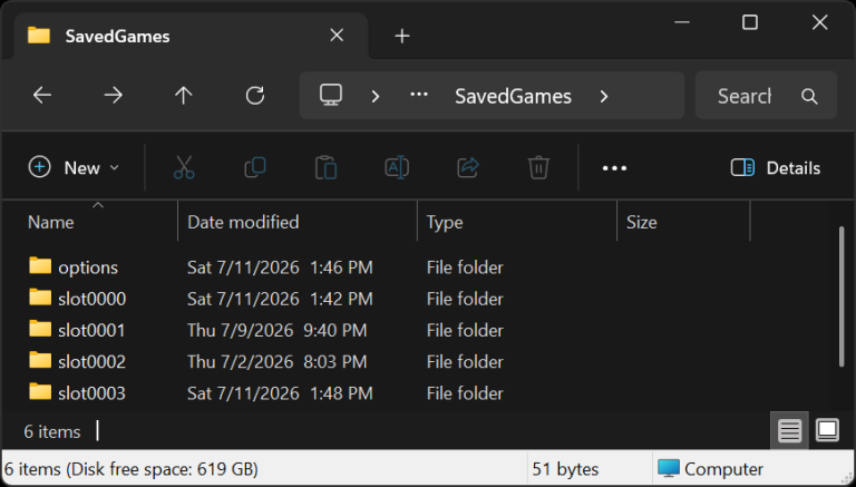 Subnautica SavedGames folder in Details view, sorted by Date modified so the most recently changed slot is easy to spot