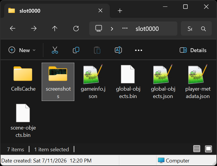 Inside a Subnautica slot save folder, showing the screenshots subfolder alongside the save files