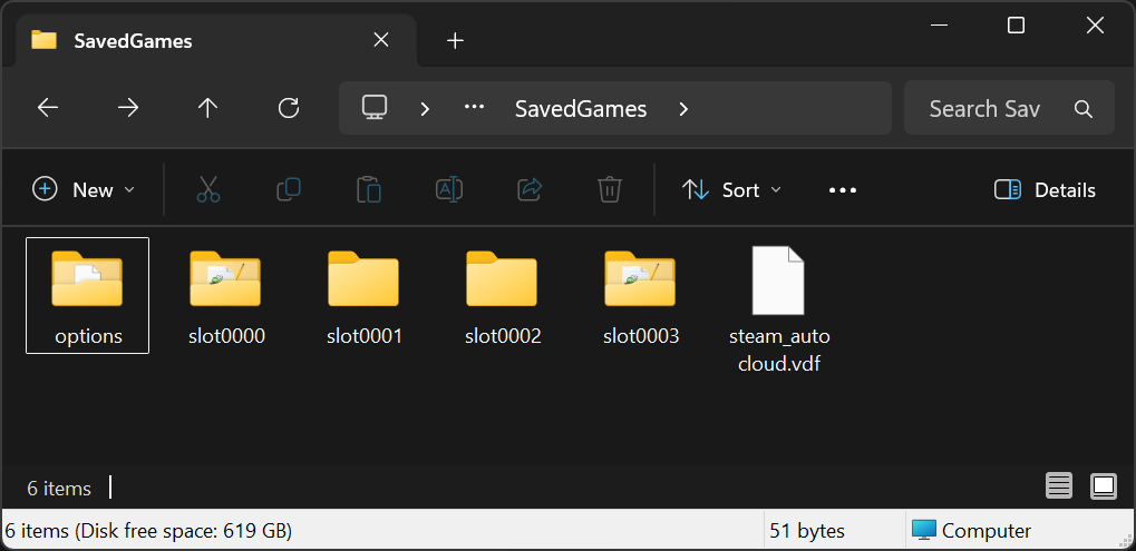 The Subnautica SavedGames folder on Steam, showing the slot save folders and steam_autocloud.vdf