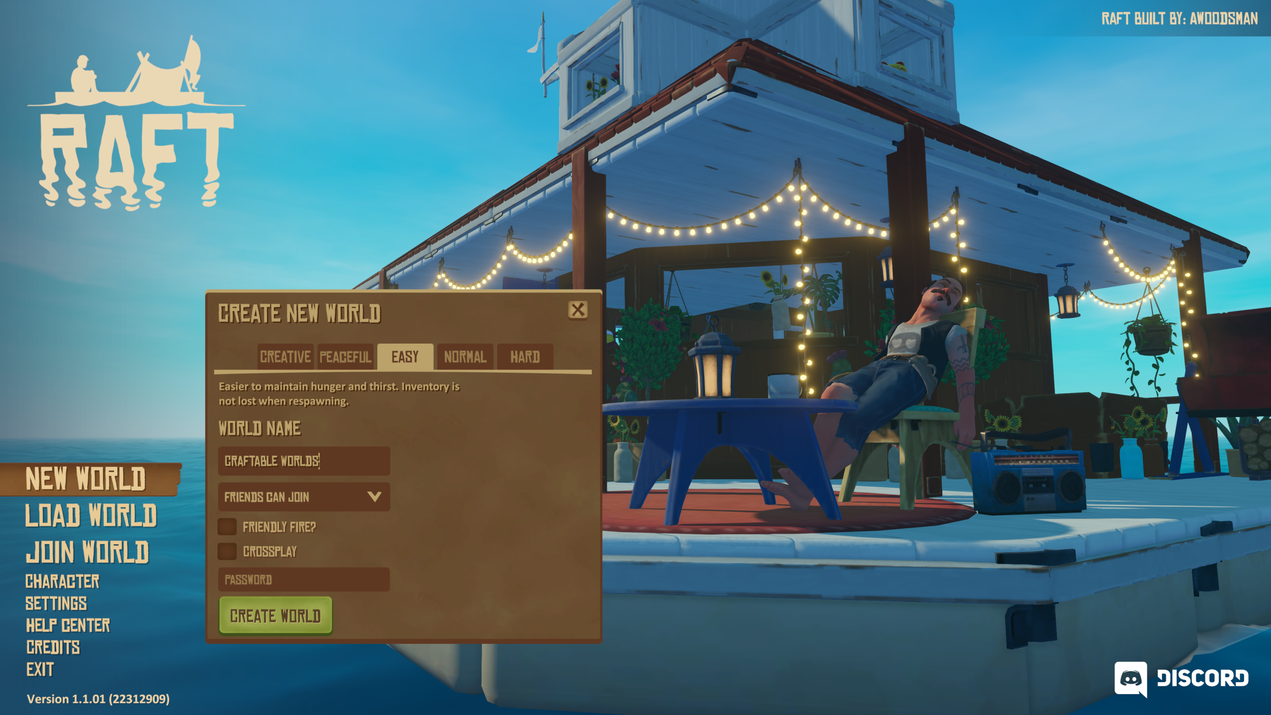 Raft Create New World screen, difficulty set to Easy, world named Craftable Worlds