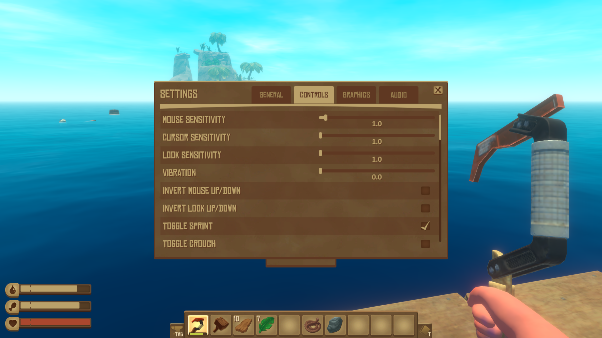 Raft Settings Controls tab with Toggle Sprint enabled