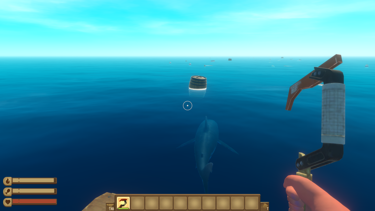 Aiming the Plastic Hook at a floating barrel in Raft while a shark swims below