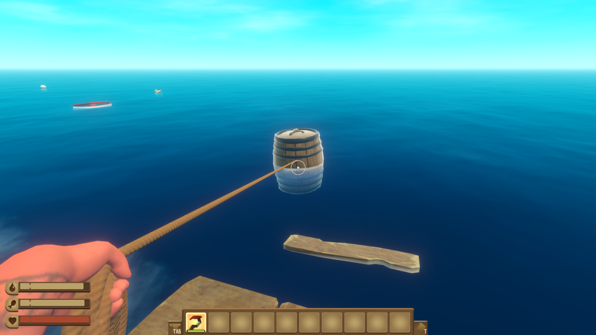 Throwing the Plastic Hook to reel in a floating barrel of debris in Raft