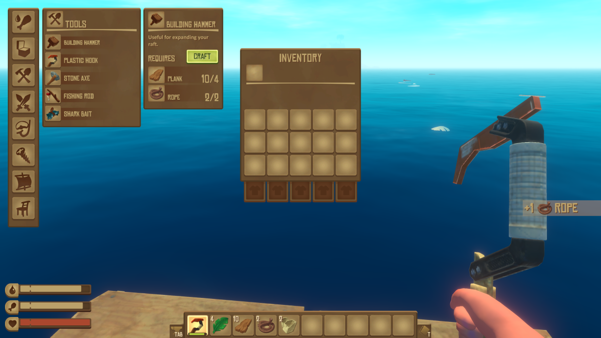 Raft crafting menu showing the Building Hammer recipe, four planks and two rope