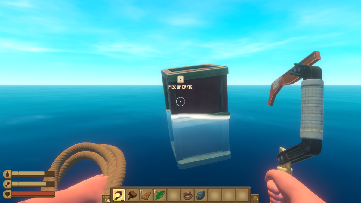 A floating loot crate in Raft with a Press E to pick up crate prompt