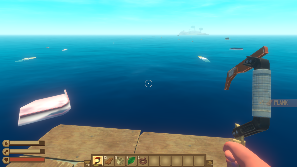 Looking out from the raft edge at a wide band of flotsam drifting across the ocean in Raft, an island on the horizon