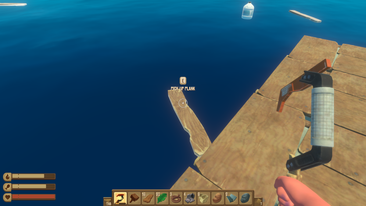 A floating plank at the raft edge with a Press E to pick up plank prompt in Raft