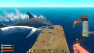 A shark chewing a corner foundation tile off the edge of the raft in Raft
