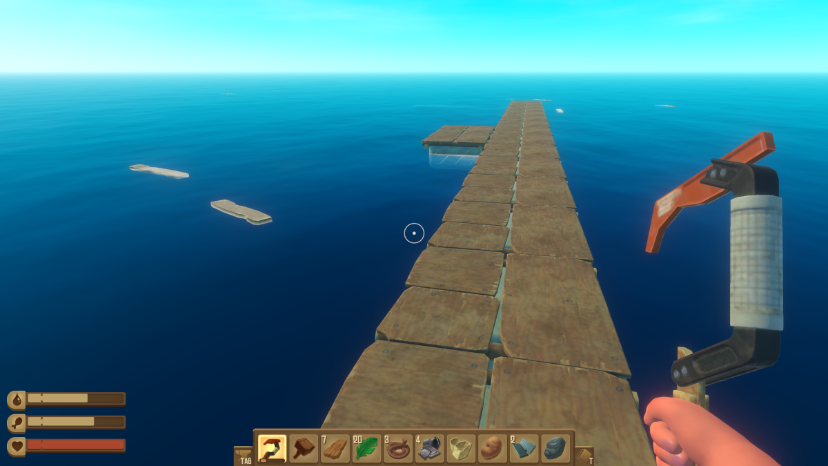 Standing at one end of a wide raft front edge extended evenly to both sides in Raft