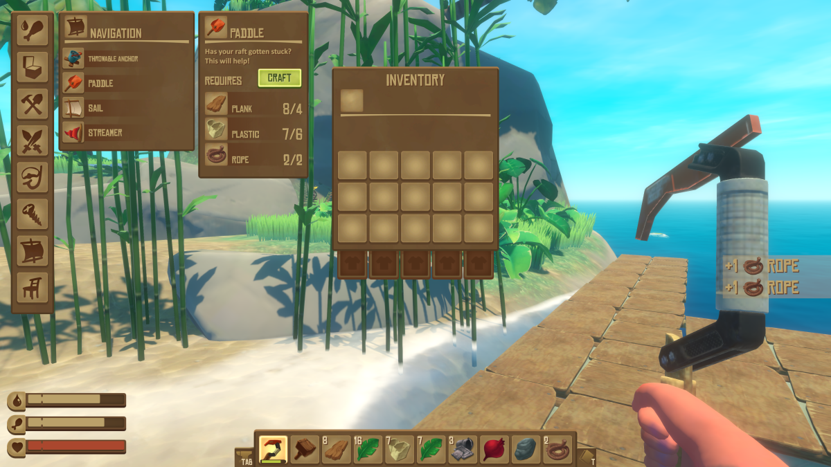 The Navigation crafting tab showing the Paddle recipe in Raft, needed to push a stuck raft off an island