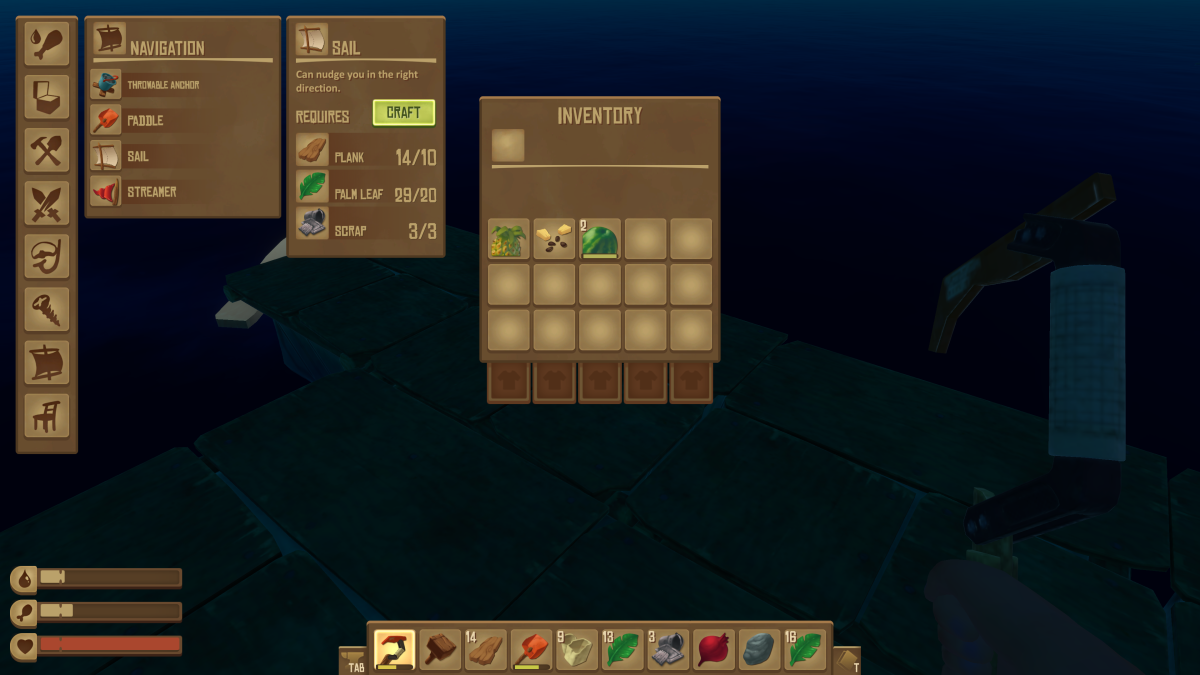 The Navigation crafting tab showing the Sail recipe in Raft, which can nudge the raft in the right direction