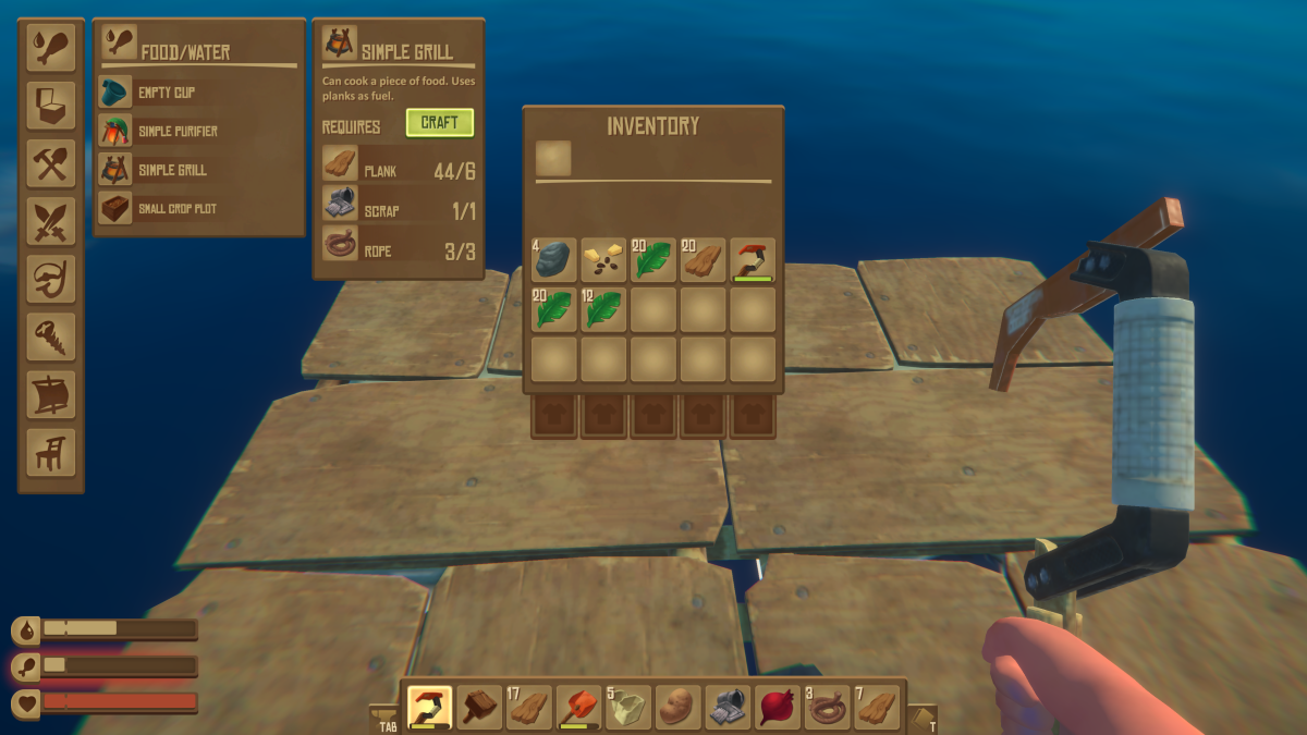 The Food and Water crafting tab showing the Simple Grill recipe in Raft, used to cook food with planks as fuel