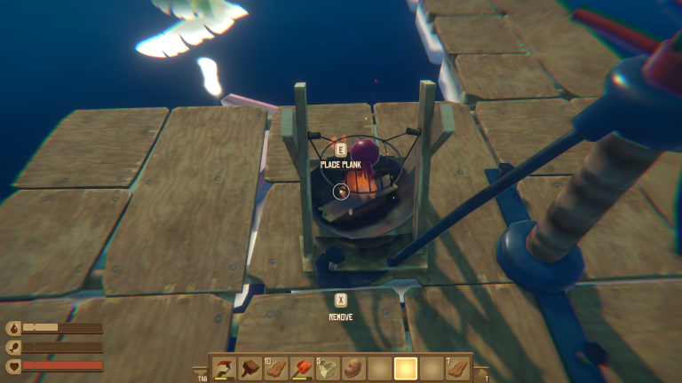 A beet cooking on the Simple Grill over a fire in Raft, with a prompt to place a plank as fuel