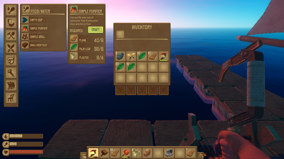 The Food and Water crafting tab showing the Simple Purifier recipe in Raft, which turns saltwater into freshwater