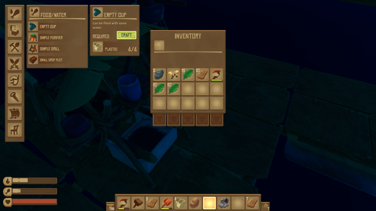 The Food and Water crafting tab showing the Empty Cup recipe in Raft, which can be filled with water