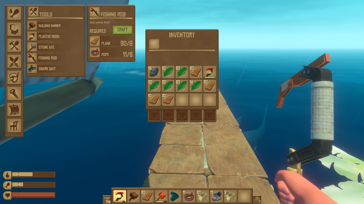 The Tools crafting tab showing the Fishing Rod recipe in Raft, costing planks and rope