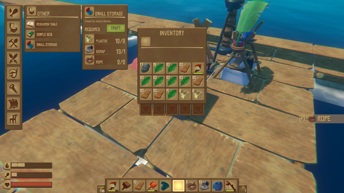 The Other crafting tab showing the Small Storage recipe in Raft, a cheap box to store items