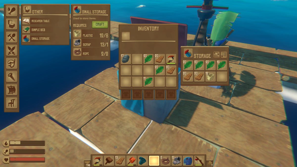 An open Small Storage container holding leaves, planks and stone next to the inventory in Raft