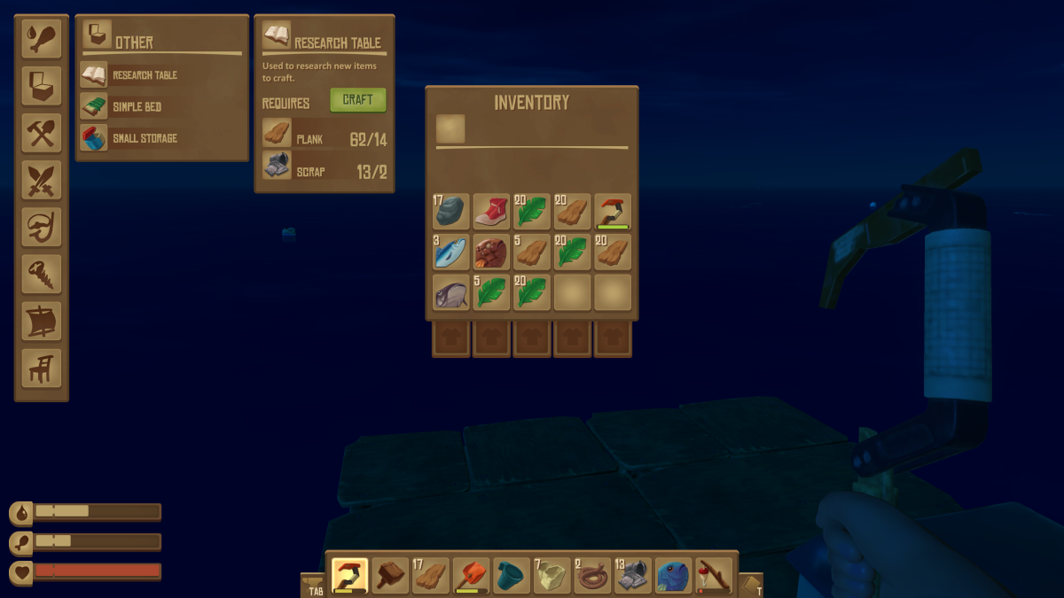 The Other crafting tab showing the Research Table recipe in Raft, used to research new items to craft