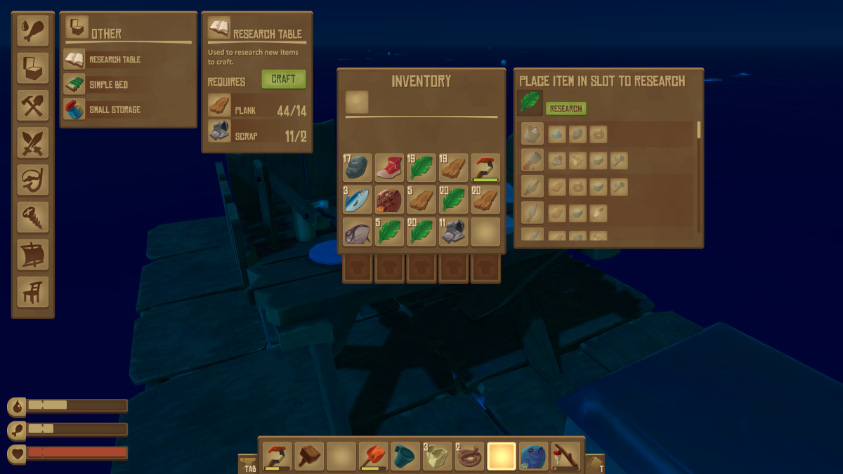 The Research Table interface in Raft, placing a palm leaf in the slot with the Research button enabled and a grid of locked items