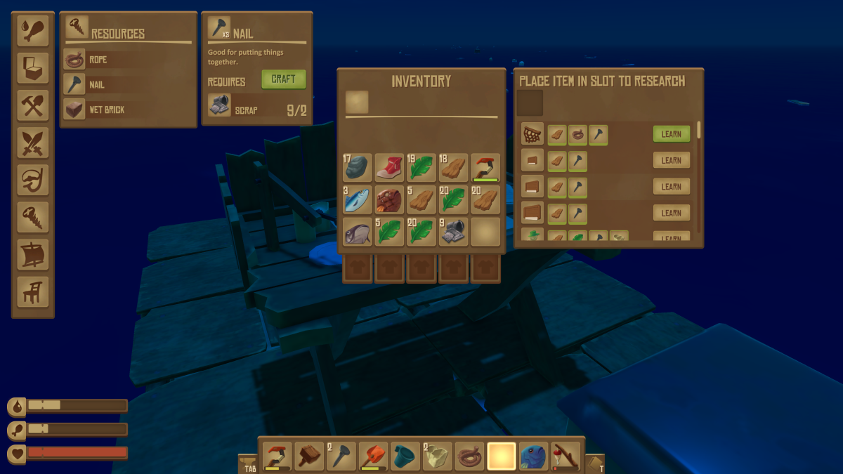 The Research Table learn panel in Raft showing the Simple Collection Net ready to learn, plus the Nail recipe