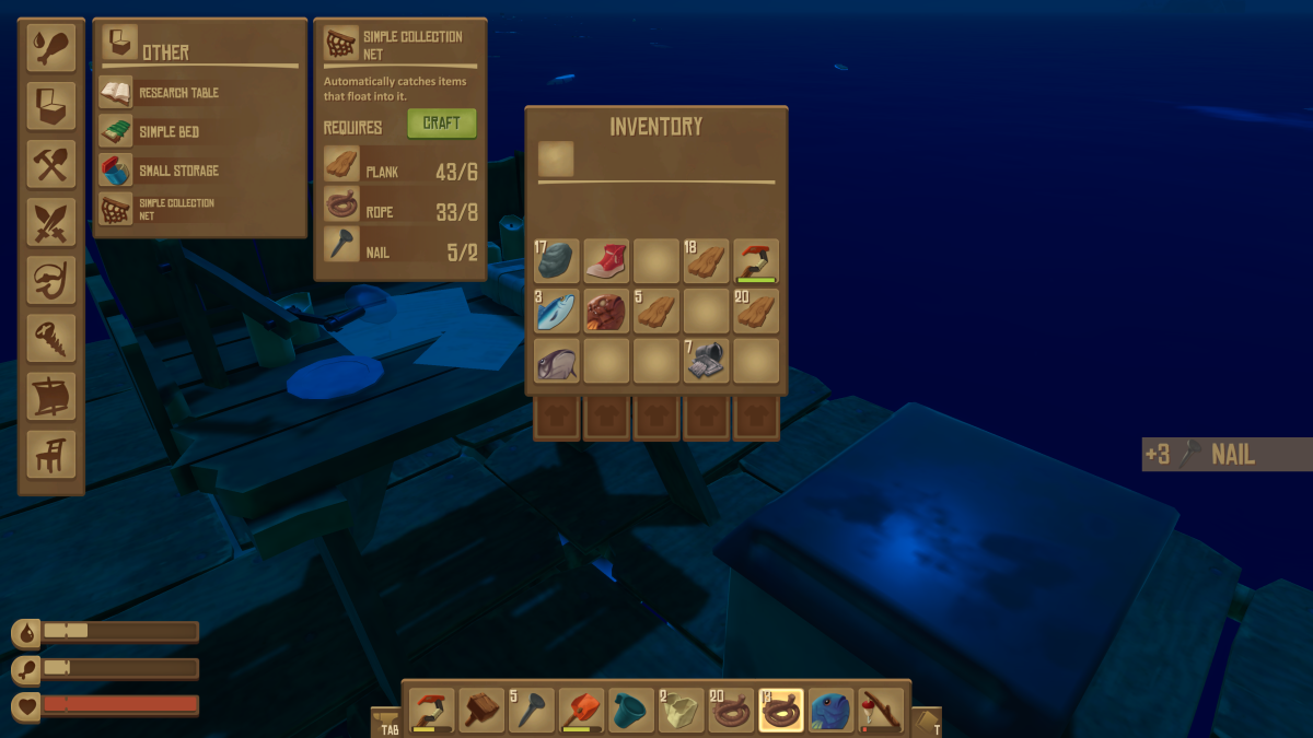 The Simple Collection Net recipe in Raft, requiring planks, rope and nails, which automatically catches floating items