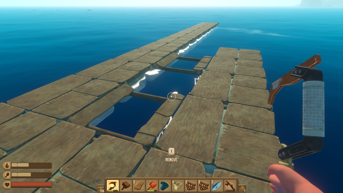 Two collection nets spaced a square apart with foundation rows flanking them to protect from the shark in Raft