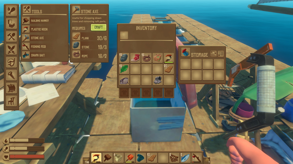 The Tools crafting tab showing the Stone Axe recipe in Raft, for chopping trees and removing raft parts