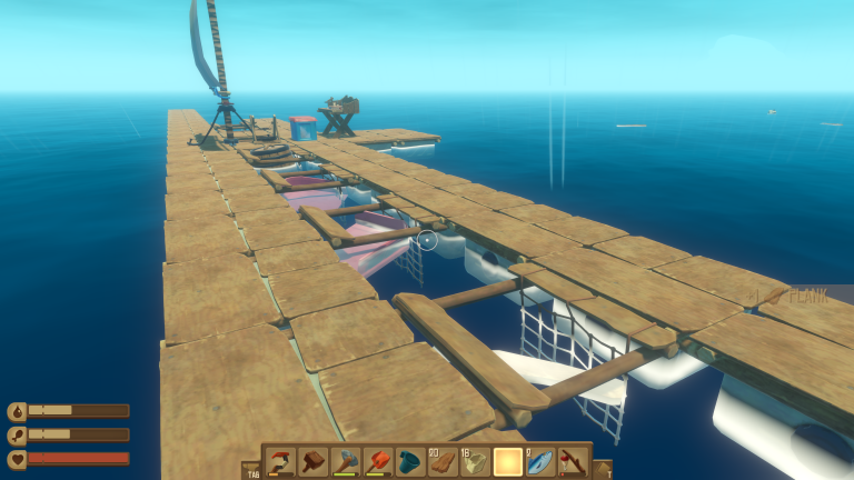 A run of collection nets deployed along the raft channel, spaced and flanked by foundations, catching flotsam in Raft