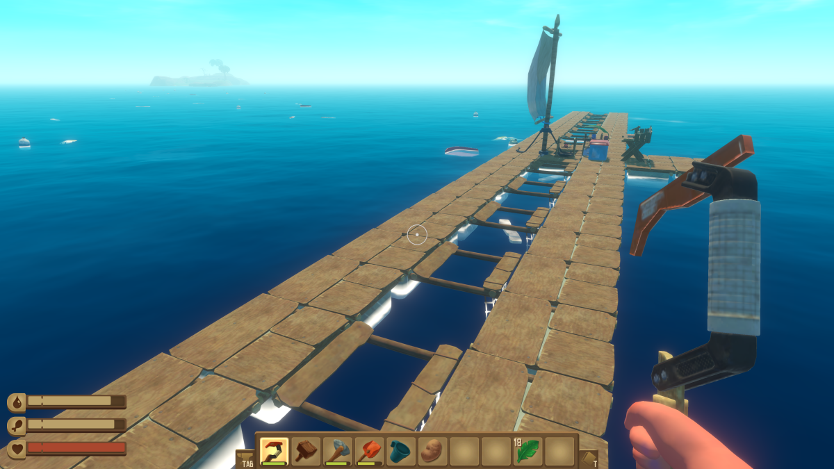 A wide row of collection nets along the raft with a small island on the horizon in Raft