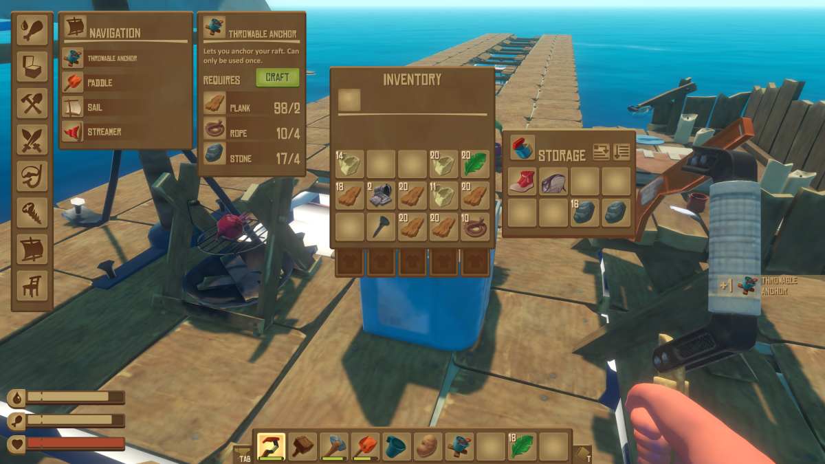 The Navigation crafting tab showing the single-use Throwable Anchor recipe in Raft