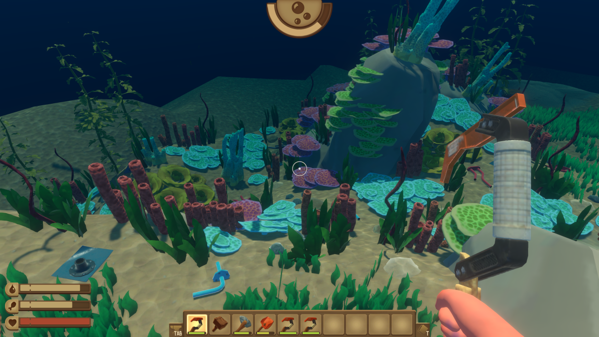 Diving underwater near an island in Raft among coral and seabed resources, with a breath gauge
