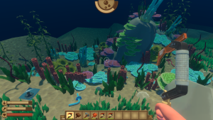 Diving underwater near an island in Raft among coral and seabed resources, with a breath gauge