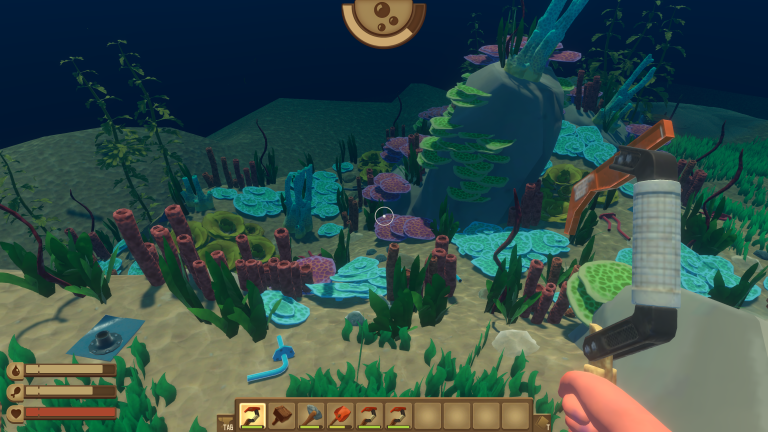 Diving underwater near an island in Raft among coral and seabed resources, with a breath gauge