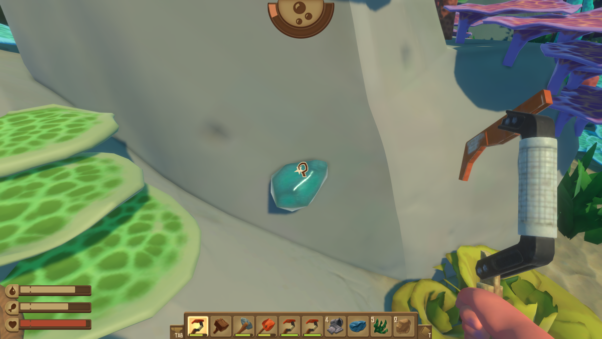 A metal ore node on the side of an underwater rock near an island in Raft, grabbed with the hook